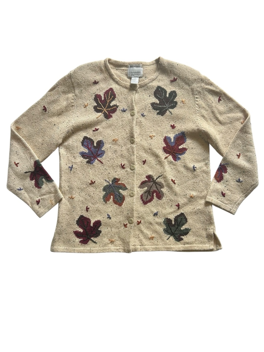 Vintage Hand Embroidered Leaf Fall Button Down Sweater Cardigan Cottage Quirky